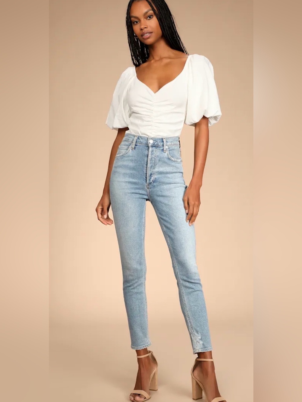 Lulu's Pretty Popular White Ruched Puff Sleeve Bodysuit - Size Small